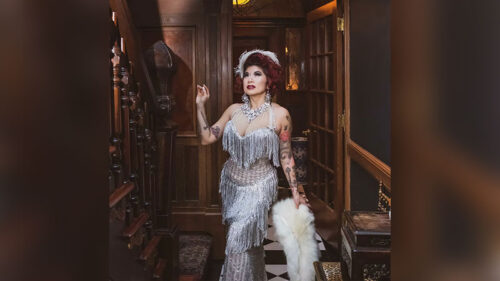 Calamity Chang Presents: Saints & Sinners burlesque cabaret at Mauch Chunk Opera House in Jim Thorpe, PA, featuring glamorous performer portrait for Valentine’s weekend show.