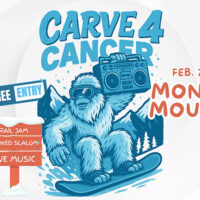 Event graphic for Carve 4 Cancer at Montage Mountain in Scranton, PA, featuring a yeti snowboarding and the text “Carve 4 Cancer,” “Free Entry,” “Rail Jam,” “Banked Slalom,” “Live Music,” and “Feb. 7th 2026.”