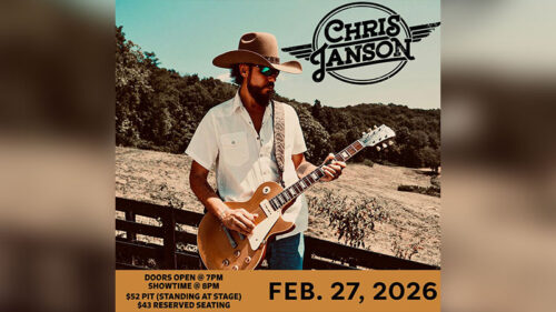 Promotional image for Chris Janson’s Wild Horses Untamed Tour at Penn’s Peak in Jim Thorpe, showing Chris Janson holding a guitar outdoors with text including “Feb. 27, 2026” and showtime details.