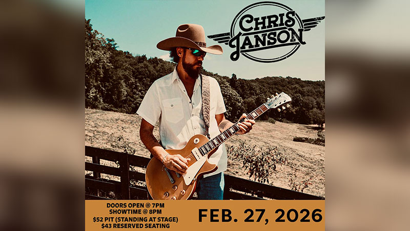 Promotional image for Chris Janson’s Wild Horses Untamed Tour at Penn’s Peak in Jim Thorpe, showing Chris Janson holding a guitar outdoors with text including “Feb. 27, 2026” and showtime details.