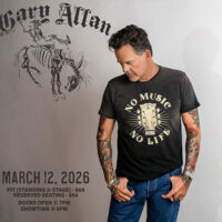 Gary Allan spring concert at Penn’s Peak in Jim Thorpe on March 12, 2026, featuring a portrait of Gary Allan wearing a “No Music No Life” shirt. Text on image reads: “Gary Allan,” “March 12, 2026,” “Pit (Standing & Stage) $64,” “Reserved Seating $54,” “Doors Open @ 7PM,” and “Showtime @ 8PM.”