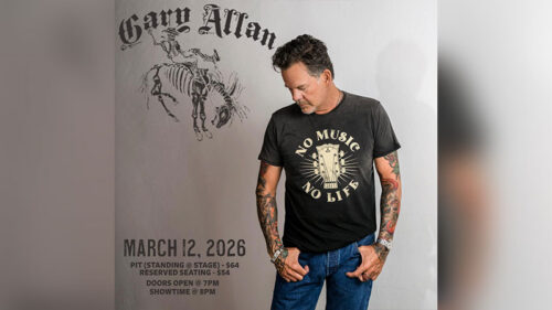 Gary Allan spring concert at Penn’s Peak in Jim Thorpe on March 12, 2026, featuring a portrait of Gary Allan wearing a “No Music No Life” shirt. Text on image reads: “Gary Allan,” “March 12, 2026,” “Pit (Standing & Stage) $64,” “Reserved Seating $54,” “Doors Open @ 7PM,” and “Showtime @ 8PM.”