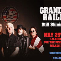 Grand Funk Railroad Still Shinin’ On Tour spring concert at the F.M. Kirby Center for the Performing Arts in Wilkes-Barre, PA on May 29, 2026, featuring a group photo of the band. Text on image reads: “Grand Funk Railroad,” “Still Shinin’ On Tour,” “May 29th 2026,” “F.M. Kirby Center for the Performing Arts Wilkes-Barre PA,” “KirbyCenter.org,” and “570-826-1100.”