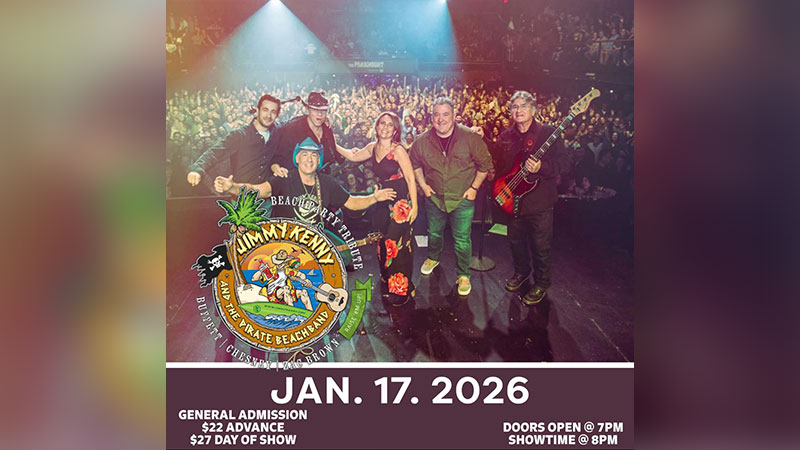 Promotional image for Jimmy Kenny & the Pirate Beach Band at Penn’s Peak in Jim Thorpe, featuring the band posing in front of a crowd with event text including “Jan. 17, 2026,” ticket prices, and showtime information.