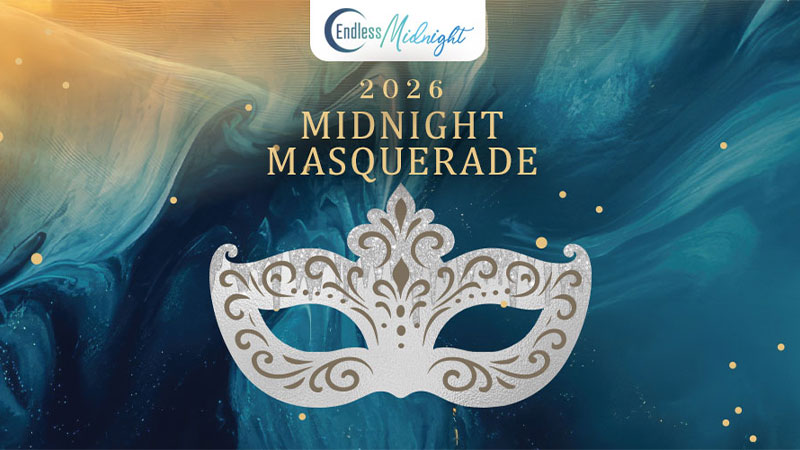 Elegant poster for the 2026 Midnight Masquerade featuring a decorative white mask against a blue and gold abstract background.
