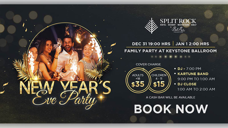 Dark-themed flyer for a New Year’s Eve Party at Split Rock Resort featuring a family photo, event details for December 31, and ticket pricing for adults and children.