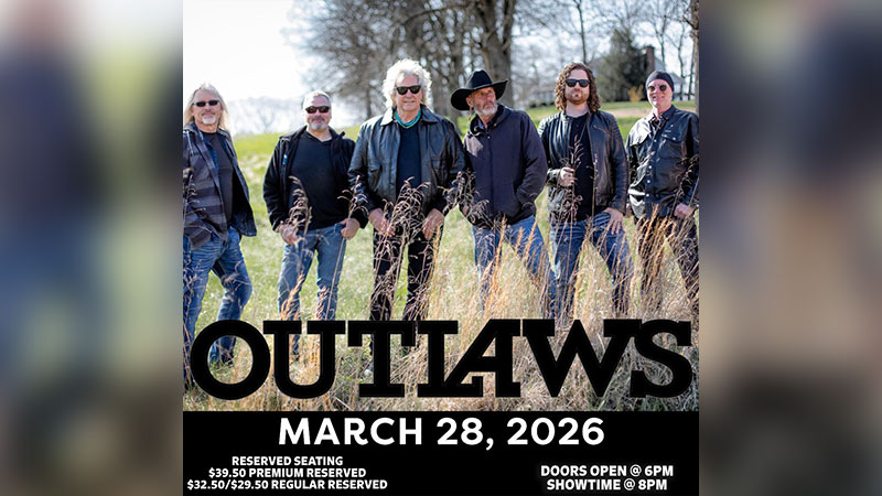 Outlaws spring concert at Penn’s Peak in Jim Thorpe on March 28, 2026, featuring the Southern rock band standing outdoors in a field. Text on image reads: “Outlaws,” “March 28, 2026,” “Reserved Seating $39.50 Premium Reserved $32.50/$29.50 Regular Reserved,” and “Doors Open @ 6PM Showtime @ 8PM.”