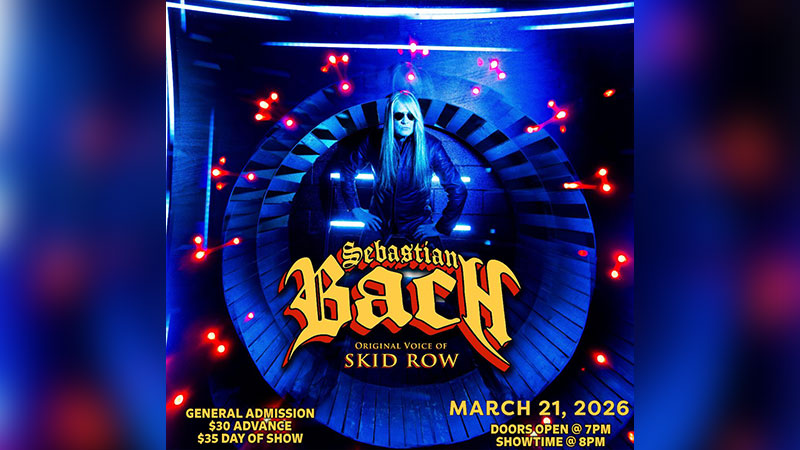 Sebastian Bach spring concert at Penn’s Peak in Jim Thorpe on March 21, 2026, featuring Sebastian Bach standing in a circular tunnel of blue and red lights. Text on image reads: “Sebastian Bach Original Voice of Skid Row,” “March 21, 2026,” “General Admission $30 Advance $35 Day of Show,” “Doors Open @ 7PM,” and “Showtime @ 8PM.”