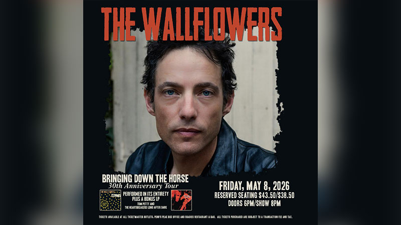 The Wallflowers Bringing Down the Horse 30th Anniversary Tour spring concert at Penn’s Peak in Jim Thorpe on Friday, May 8, 2026, featuring a portrait of Jakob Dylan. Text on image reads: “The Wallflowers,” “Bringing Down the Horse 30th Anniversary Tour,” “Performed in its entirety plus bonus set,” “Friday, May 8, 2026,” “Reserved Seating $43.50/$38.50,” and “Doors 6PM / Show 8PM.”