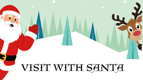 An illustrated flyer for Visit with Santa at the Hazleton Public Library in Hazleton featuring cartoon Santa and a reindeer in a snowy forest setting with the text “Visit with Santa.”