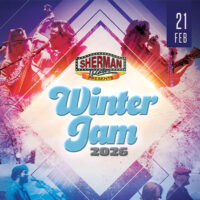 Winter Jam concert poster for the Sherman Theater in Stroudsburg, featuring the text “Winter Jam 2026,” “Sherman Theater Presents,” and the date February 21, with illustrated musicians and winter-themed graphics.
