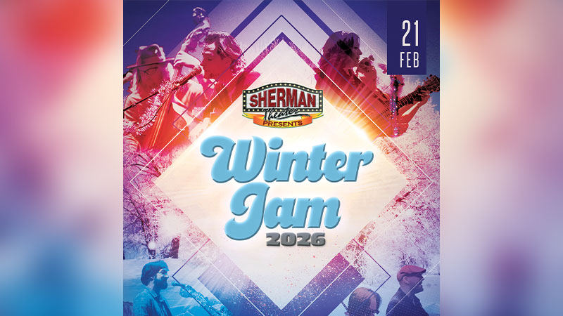 Winter Jam concert poster for the Sherman Theater in Stroudsburg, featuring the text “Winter Jam 2026,” “Sherman Theater Presents,” and the date February 21, with illustrated musicians and winter-themed graphics.