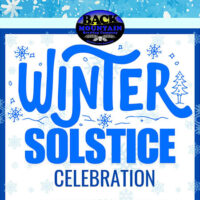 Festive blue-and-white graphic reading ‘Winter Solstice Celebration’ with snowflakes and the Back Mountain logo.