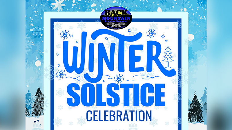 Festive blue-and-white graphic reading ‘Winter Solstice Celebration’ with snowflakes and the Back Mountain logo.