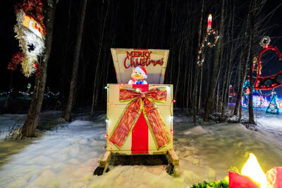 A teddy bear pops out from a giant box decorated like a present at the Saint Nick's Display in Waymart, PA.