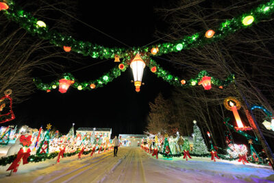 Overhead garland and lights light the way down the driveway at the Saint Nick's Display in Waymart, PA.