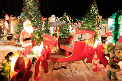 Santa's sleigh is surrounded by blow molds and other Christmas decorations at the Saint Nick's Display in Waymart, PA.