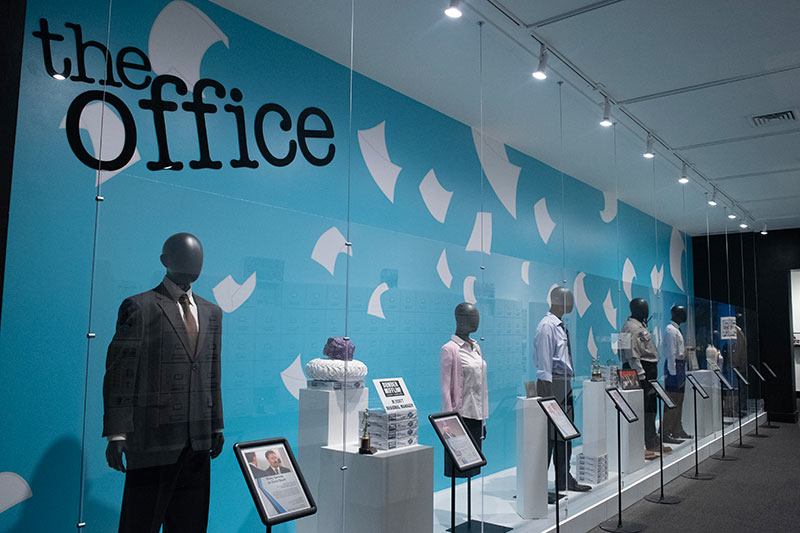 A display of items from the populat show, The Office at the Everhart Museum in Scranton, PA.