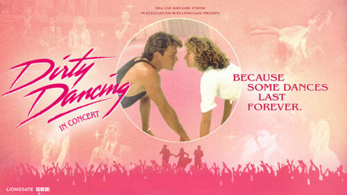 Illustrated artwork showing the main characters from Dirty Dancing facing each other, presented at the F.M. Kirby Center in Wilkes-Barre, PA.