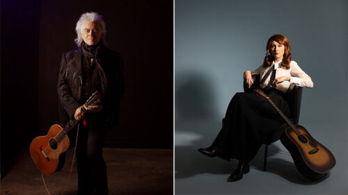 Marty Stuart and Molly Tuttle holding acoustic guitars in studio portraits, performing at the F.M. Kirby Center in Wilkes-Barre, PA.
