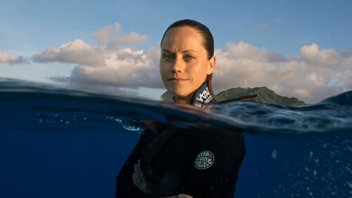 Dr. Jess Cramp partially submerged in ocean water during shark research, featured at the F.M. Kirby Center in Wilkes-Barre, PA.