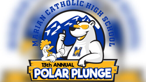 Event logo for the 13th Annual Polar Plunge hosted by Marian Catholic High School in Jim Thorpe, PA, featuring a polar bear mascot and the text “13th Annual Polar Plunge.”
