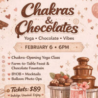 Chakras & Chocolate event flyer at Jaya Yoga in Clarks Summit, PA with February 6 at 6 PM time, chocolate fountain artwork, and ticket price $89.