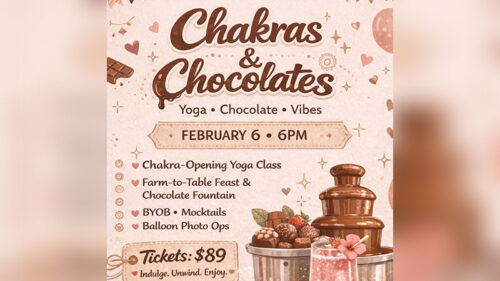 Chakras & Chocolate event flyer at Jaya Yoga in Clarks Summit, PA with February 6 at 6 PM time, chocolate fountain artwork, and ticket price $89.