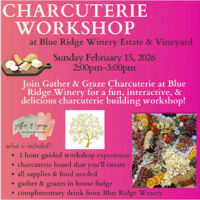 Promo flyer for a Galentine's Day charcuterie workshop at Blue Ridge Estates Winery in Stroudsburg, PA.