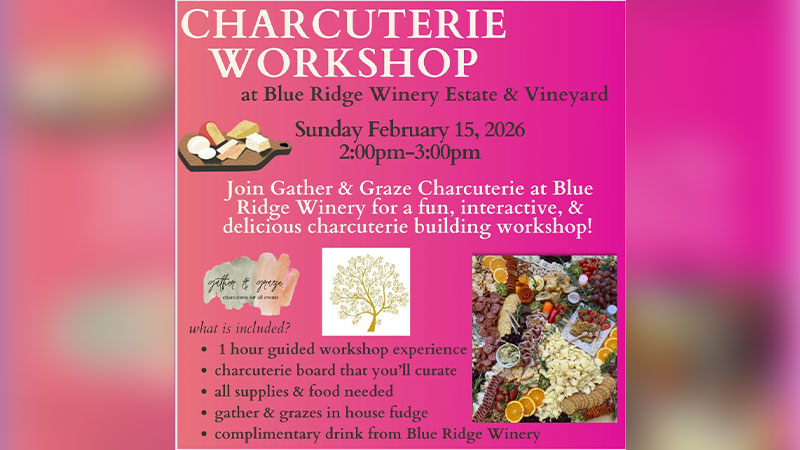 Promo flyer for a Galentine's Day charcuterie workshop at Blue Ridge Estates Winery in Stroudsburg, PA.