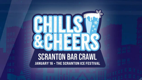 Promotional graphic for the Chills & Cheers Scranton Bar Crawl during Downtown on Ice in Scranton, PA, featuring winter-themed drinks and festival fun.