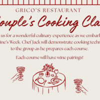 Couple’s Cooking Class at Grico’s Restaurant in Exeter, PA graphic promoting Valentine’s Week culinary experience with wine pairings.