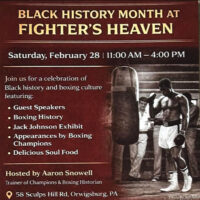 Event poster for the Black History Month Celebration at Fighter’s Heaven in Orwigsburg, featuring boxing history, guest speakers, champion appearances and soul food.