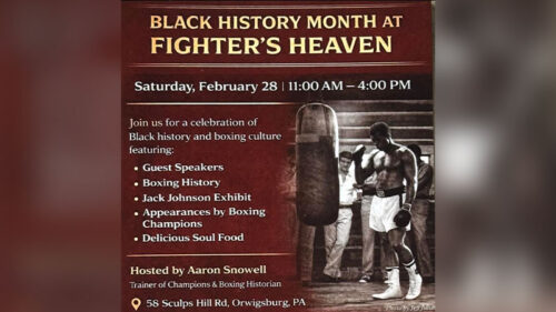 Event poster for the Black History Month Celebration at Fighter’s Heaven in Orwigsburg, featuring boxing history, guest speakers, champion appearances and soul food.
