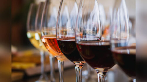 Wine glasses filled with red and white wine lined up on a table during the Food and Wine Festival at Skytop Lodge in Skytop, PA.