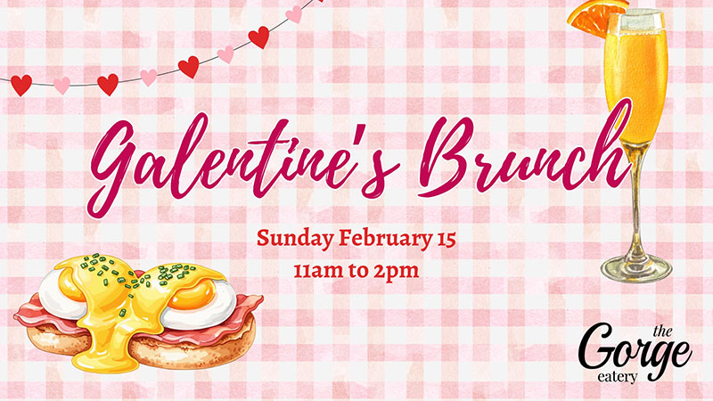 A festive flyer for a Galentine's Day Brunch at the Hofford Mill in Weissport, PA.