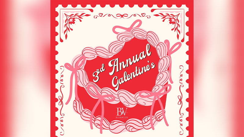 A flyer for the 3rd annual Galentines Day Brunch at Bank + Vine in Wilkes-Barre, PA.