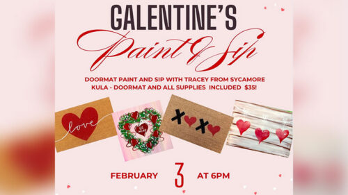 A promotional flyer for the Galentines Day Paint-n-Sip event at The Crimson House in Pottsville, PA.