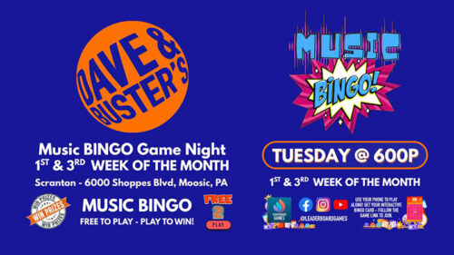 right promotional graphic for Music Bingo Night at Dave & Buster’s, advertising free-to-play bingo on Tuesday nights with weekly prizes.