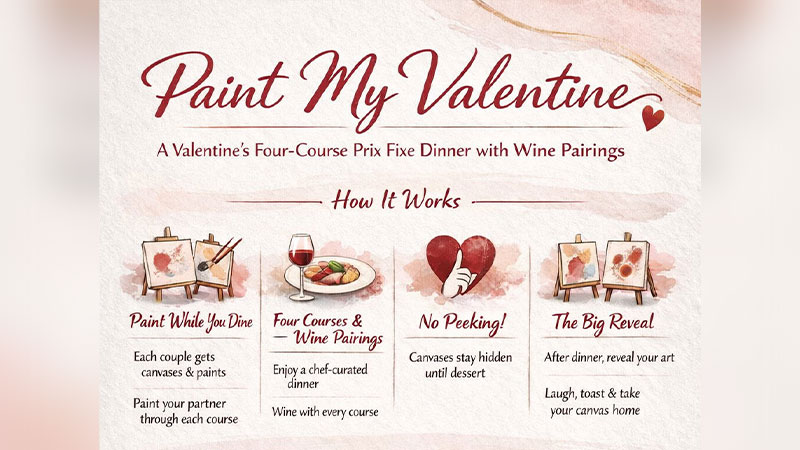 Paint My Valentine four-course prix fixe dinner and wine pairing at Rikasa in Pittston, PA, featuring couples painting portraits and “no peeking” Valentine reveal.