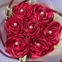 A ribbon bouquet on display for the Ribbon Flower bouquet Workshop at Back Mountain Makery in Dallas, PA.