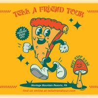 Playful yellow-and-orange cartoon-style graphic for the Tell a Friend Tour showing a running character holding a microphone with decorative stars and bold event text.