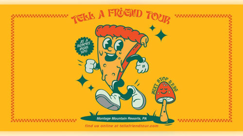 Playful yellow-and-orange cartoon-style graphic for the Tell a Friend Tour showing a running character holding a microphone with decorative stars and bold event text.