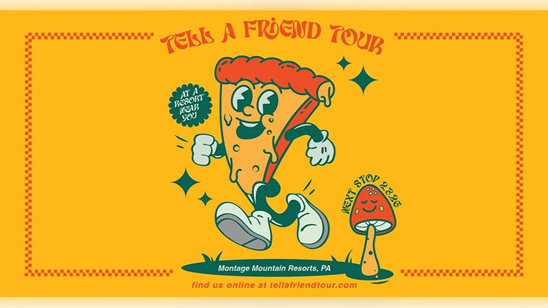 Playful yellow-and-orange cartoon-style graphic for the Tell a Friend Tour showing a running character holding a microphone with decorative stars and bold event text.