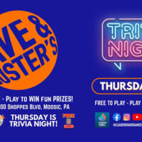 Colorful flyer advertising Trivia Night at Dave & Buster’s, promoting free-to-play trivia on Thursday nights with prizes for winners.