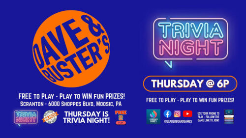 Colorful flyer advertising Trivia Night at Dave & Buster’s, promoting free-to-play trivia on Thursday nights with prizes for winners.