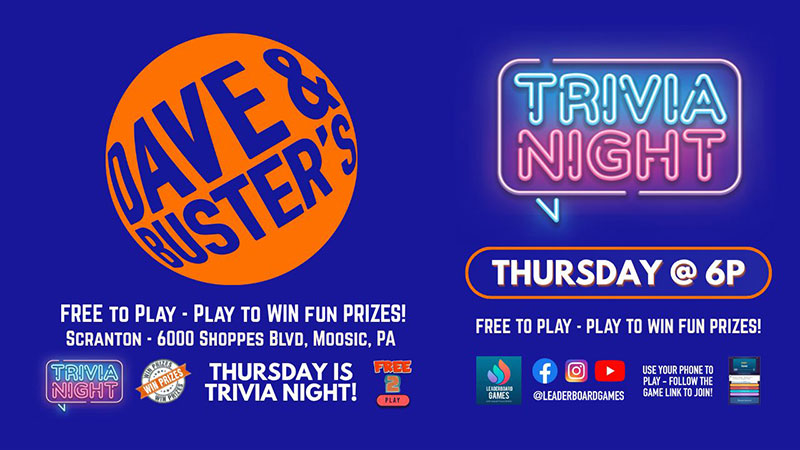 Colorful flyer advertising Trivia Night at Dave & Buster’s, promoting free-to-play trivia on Thursday nights with prizes for winners.