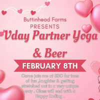 Valentine’s Day Partner Yoga & Beer event graphic for Susquehanna Brewing Co. in Pittston, PA, with pink hearts and February 8 date.