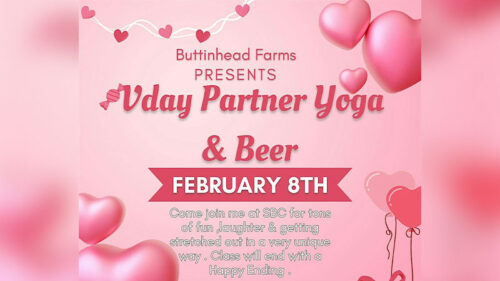 Valentine’s Day Partner Yoga & Beer event graphic for Susquehanna Brewing Co. in Pittston, PA, with pink hearts and February 8 date.