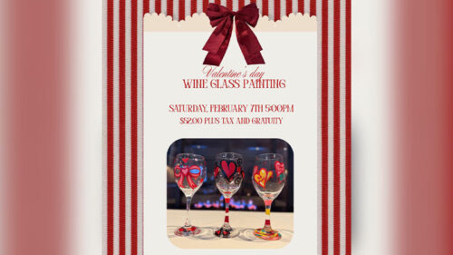 Valentine’s Day Wine Glass Painting flyer for The Beaumont Inn in Dallas, PA, featuring hand-painted wine glasses and event date Saturday, February 7 at 5:00 PM